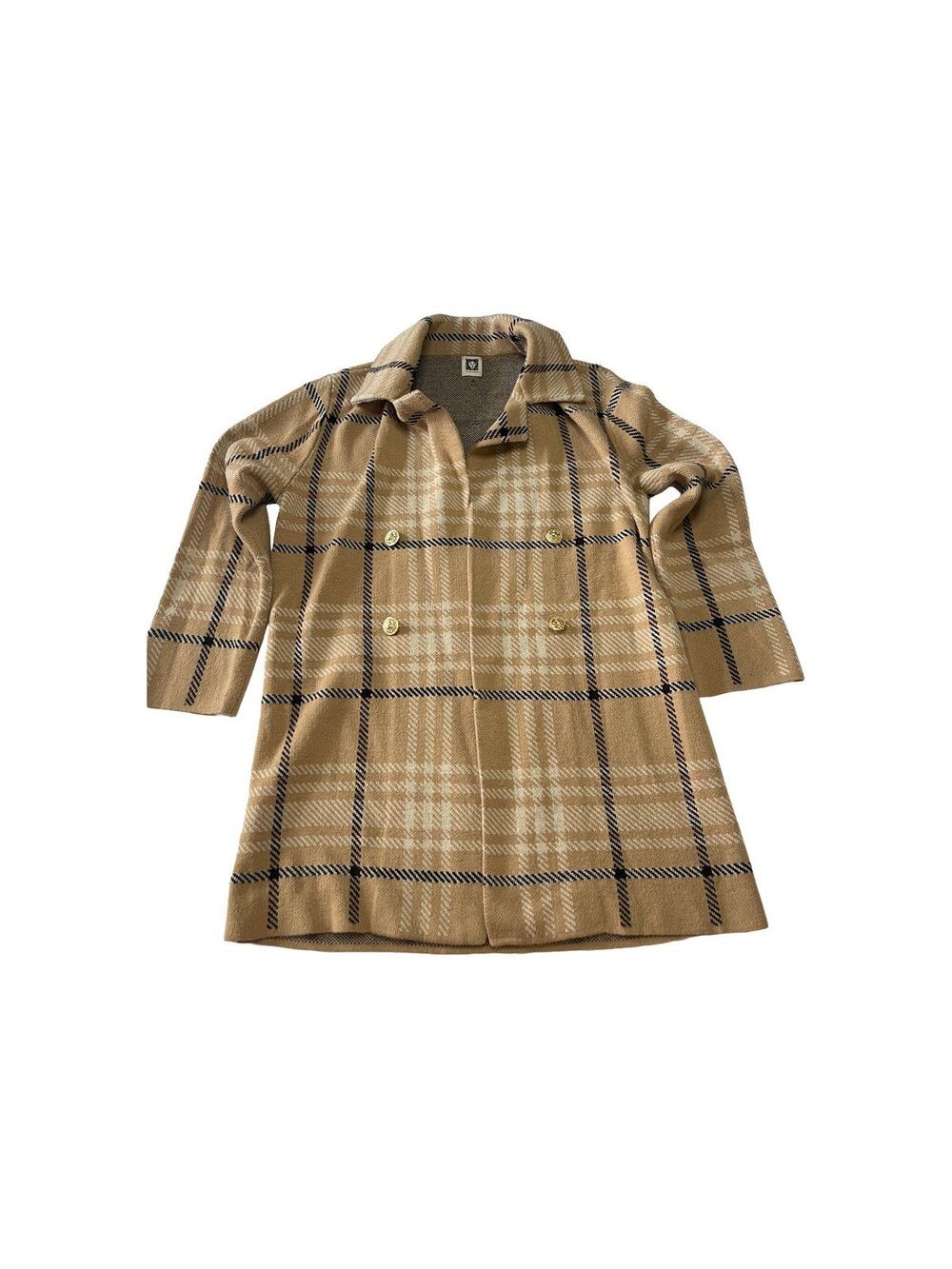 Anne Klein Plaid Double Breasted Knit Cardigan Coat Jacket Tan Gold Button M